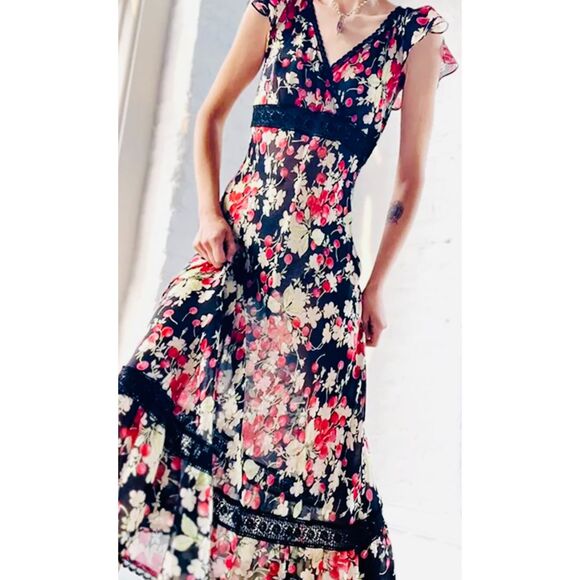 VTG maxi dress Y2K lace sherries empire waist asymmetric hem babydoll women S - Picture 2 of 10